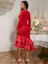 AOMEIDRESS Elegant Red Ruffle Hem Dress For Evening Party Birthday