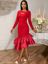 AOMEIDRESS Elegant Red Ruffle Hem Dress For Evening Party Birthday