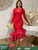 AOMEIDRESS Elegant Red Ruffle Hem Dress For Evening Party Birthday Red / S