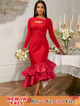 AOMEIDRESS Elegant Red Ruffle Hem Dress For Evening Party Birthday Red / S