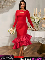 AOMEIDRESS Elegant Red Ruffle Hem Dress For Evening Party Birthday Red / S