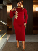 AOMEIDRESS Elegant Red Velvet Dress for Wedding Embroidery Cut Out