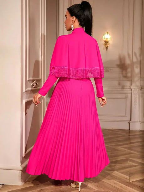 AOMEIDRESS Elegant Rose A Line Pleated Party Dress with Fringe Bolero