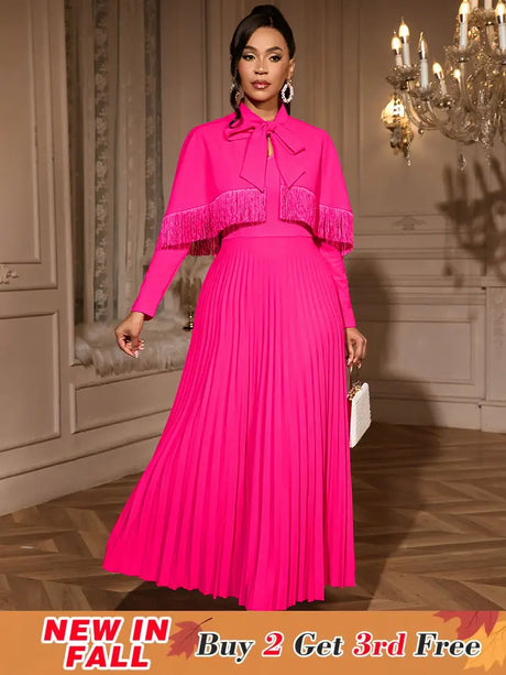 AOMEIDRESS Elegant Rose A Line Pleated Party Dress with Fringe Bolero Rose / S
