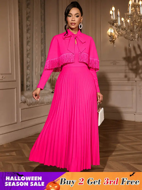 AOMEIDRESS Elegant Rose A Line Pleated Party Dress with Fringe Bolero Rose / S