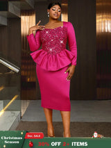 AOMEIDRESS Elegant Rose Shiny Sequins Peplum Dress For Wedding Party Rose / S