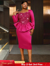 AOMEIDRESS Elegant Rose Shiny Sequins Peplum Dress For Wedding Party Rose / S