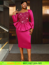 AOMEIDRESS Elegant Rose Shiny Sequins Peplum Dress For Wedding Party Rose / S