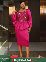 AOMEIDRESS Elegant Rose Shiny Sequins Peplum Dress For Wedding Party Rose / S