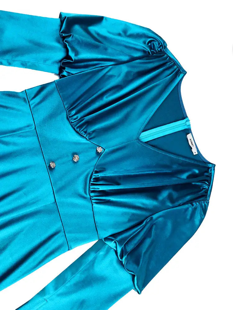 AOMEIDRESS Elegant Satin Bodycon Dress V Neck Long Puff Sleeve Button