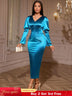 AOMEIDRESS Elegant Satin Bodycon Dress V Neck Long Puff Sleeve Button PeacockBlue / S