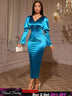 AOMEIDRESS Elegant Satin Bodycon Dress V Neck Long Puff Sleeve Button PeacockBlue / S