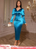 AOMEIDRESS Elegant Satin Bodycon Dress V Neck Long Puff Sleeve Button PeacockBlue / S