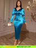AOMEIDRESS Elegant Satin Bodycon Dress V Neck Long Puff Sleeve Button PeacockBlue / S