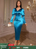 AOMEIDRESS Elegant Satin Bodycon Dress V Neck Long Puff Sleeve Button PeacockBlue / S