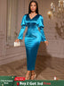 AOMEIDRESS Elegant Satin Bodycon Dress V Neck Long Puff Sleeve Button PeacockBlue / S