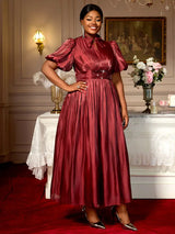 AOMEIDRESS Elegant Satin Maxi A Line Weddding Guests Dress Puff Sleeve