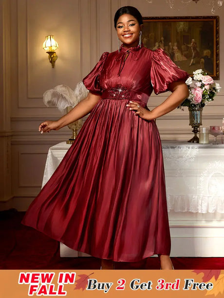 AOMEIDRESS Elegant Satin Maxi A Line Weddding Guests Dress Puff Sleeve Wine / 0XL