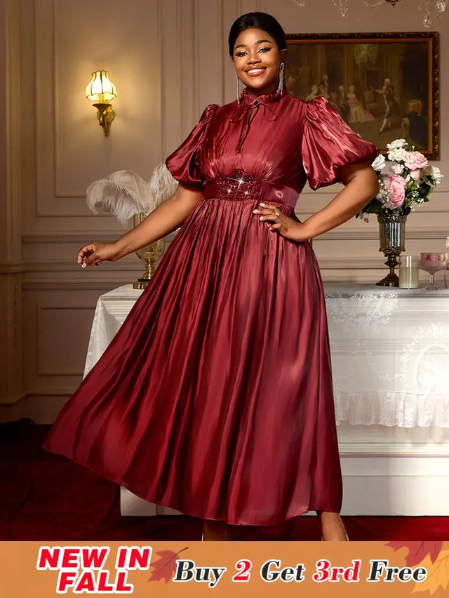 AOMEIDRESS Elegant Satin Maxi A Line Weddding Guests Dress Puff Sleeve Wine / 0XL