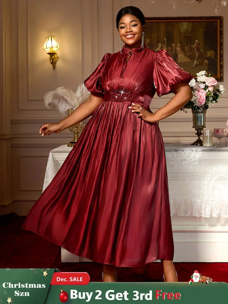 AOMEIDRESS Elegant Satin Maxi A Line Weddding Guests Dress Puff Sleeve Wine / 0XL