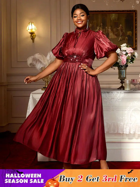 AOMEIDRESS Elegant Satin Maxi A Line Weddding Guests Dress Puff Sleeve Wine / 0XL