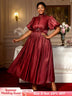 AOMEIDRESS Elegant Satin Maxi A Line Weddding Guests Dress Puff Sleeve Wine / 0XL