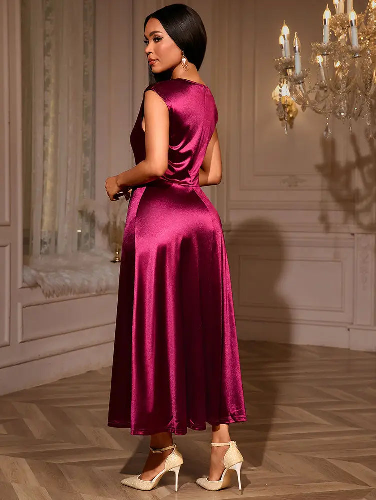 AOMEIDRESS Elegant Satin Sleeveless Dress Side Slit 3D Flower Gowns