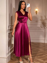 AOMEIDRESS Elegant Satin Sleeveless Dress Side Slit 3D Flower Gowns