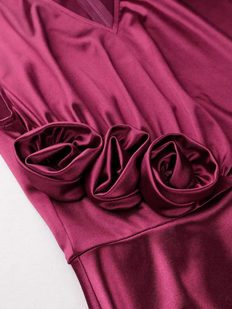 AOMEIDRESS Elegant Satin Sleeveless Dress Side Slit 3D Flower Gowns