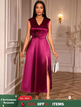 AOMEIDRESS Elegant Satin Sleeveless Dress Side Slit 3D Flower Gowns Wine / S