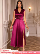 AOMEIDRESS Elegant Satin Sleeveless Dress Side Slit 3D Flower Gowns Wine / S