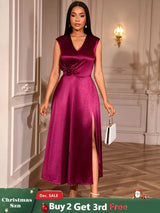 AOMEIDRESS Elegant Satin Sleeveless Dress Side Slit 3D Flower Gowns Wine / S