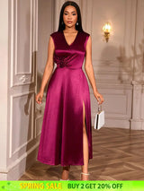 AOMEIDRESS Elegant Satin Sleeveless Dress Side Slit 3D Flower Gowns Wine / S