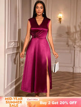 AOMEIDRESS Elegant Satin Sleeveless Dress Side Slit 3D Flower Gowns Wine / S