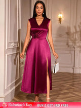 AOMEIDRESS Elegant Satin Sleeveless Dress Side Slit 3D Flower Gowns Wine / S