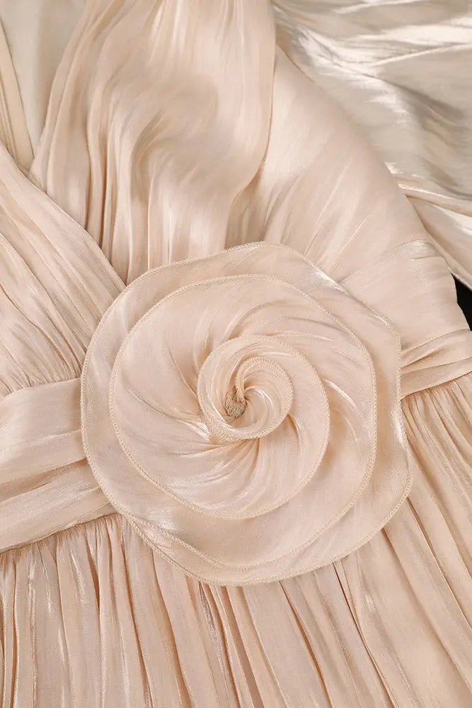 AOMEIDRESS Elegant Satin Slit Dress V Neck 3D Flower Belt Party Gowns