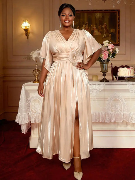 AOMEIDRESS Elegant Satin Slit Dress V Neck 3D Flower Belt Party Gowns