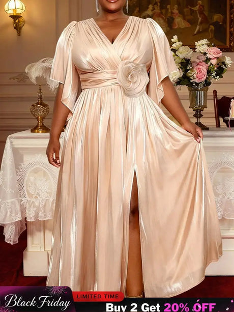 AOMEIDRESS Elegant Satin Slit Dress V Neck 3D Flower Belt Party Gowns - 杏色 / S