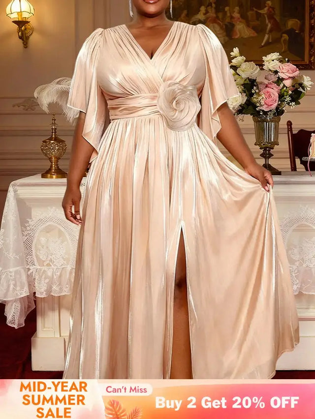 AOMEIDRESS Elegant Satin Slit Dress V Neck 3D Flower Belt Party Gowns - 杏色 / S