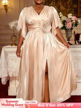AOMEIDRESS Elegant Satin Slit Dress V Neck 3D Flower Belt Party Gowns - 杏色 / S