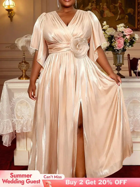 AOMEIDRESS Elegant Satin Slit Dress V Neck 3D Flower Belt Party Gowns - 杏色 / S