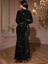 AOMEIDRESS Elegant Sequin Bodycon Dress with Gold Floral Embroidery