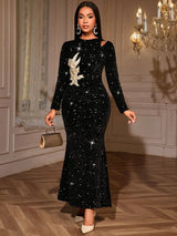 AOMEIDRESS Elegant Sequin Bodycon Dress with Gold Floral Embroidery