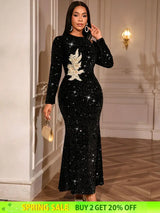 AOMEIDRESS Elegant Sequin Bodycon Dress with Gold Floral Embroidery Black / S