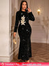 AOMEIDRESS Elegant Sequin Bodycon Dress with Gold Floral Embroidery Black / S