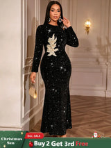 AOMEIDRESS Elegant Sequin Bodycon Dress with Gold Floral Embroidery Black / S