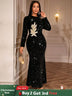 AOMEIDRESS Elegant Sequin Bodycon Dress with Gold Floral Embroidery Black / S