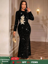 AOMEIDRESS Elegant Sequin Bodycon Dress with Gold Floral Embroidery Black / S