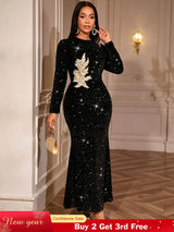 AOMEIDRESS Elegant Sequin Bodycon Dress with Gold Floral Embroidery Black / S