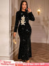 AOMEIDRESS Elegant Sequin Bodycon Dress with Gold Floral Embroidery Black / S